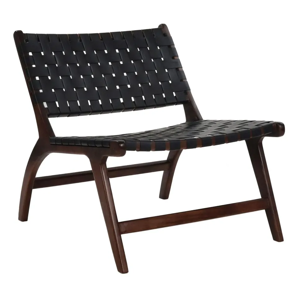 Pomax Canapés-AOSTA - chaise relax - cuir de buffle / bois d'acacia - L 65 x W 76 x H 70 cm - noir