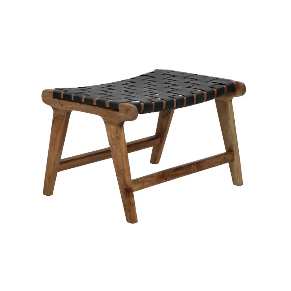 Pomax Tabourets-AOSTA - tabouret - cuir de buffle / bois d'acacia - L 56 x W 41 x H 36 cm - noir