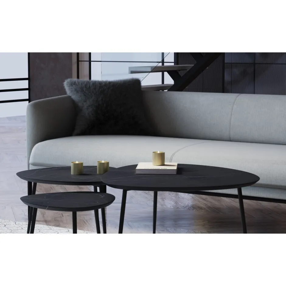 Pomax Tables Basses | Tables-AXIO - set/3 tables d'appoint - marbre - L 40/54/74 x W 40/52/68 x H 36/41/45 cm - noir