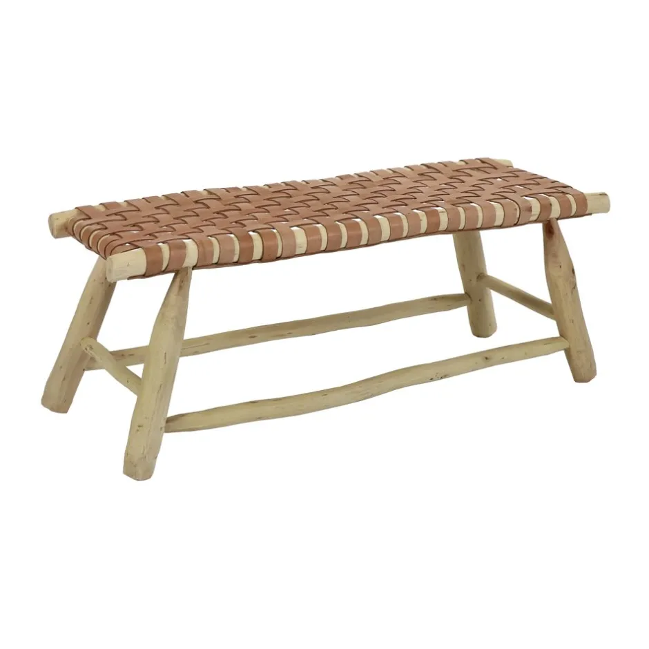 Pomax Bancs-BABOUCHE - banc - bois d'eucalyptus / cuir - L 105 x W 40 x H 42 cm - naturel