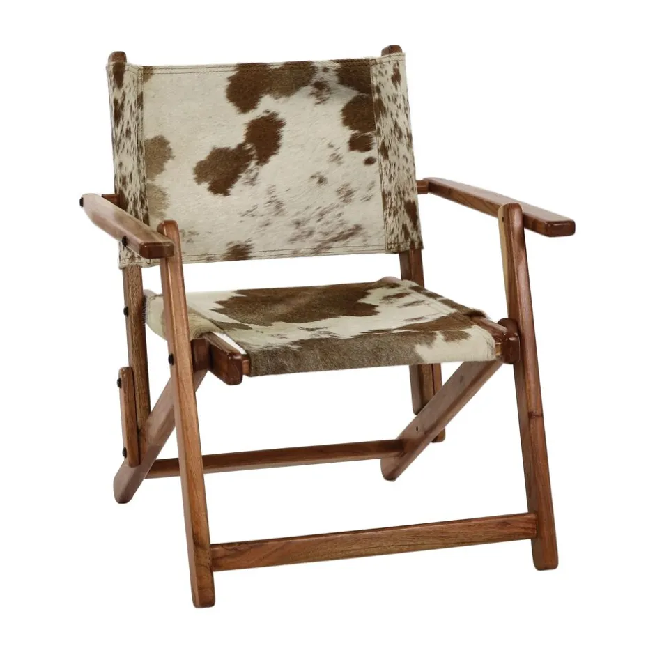 Pomax Canapés-BENISSA - chaise relax - peau de vache / bois d'acacia - L 68 x W 65 x H 77 cm - brun