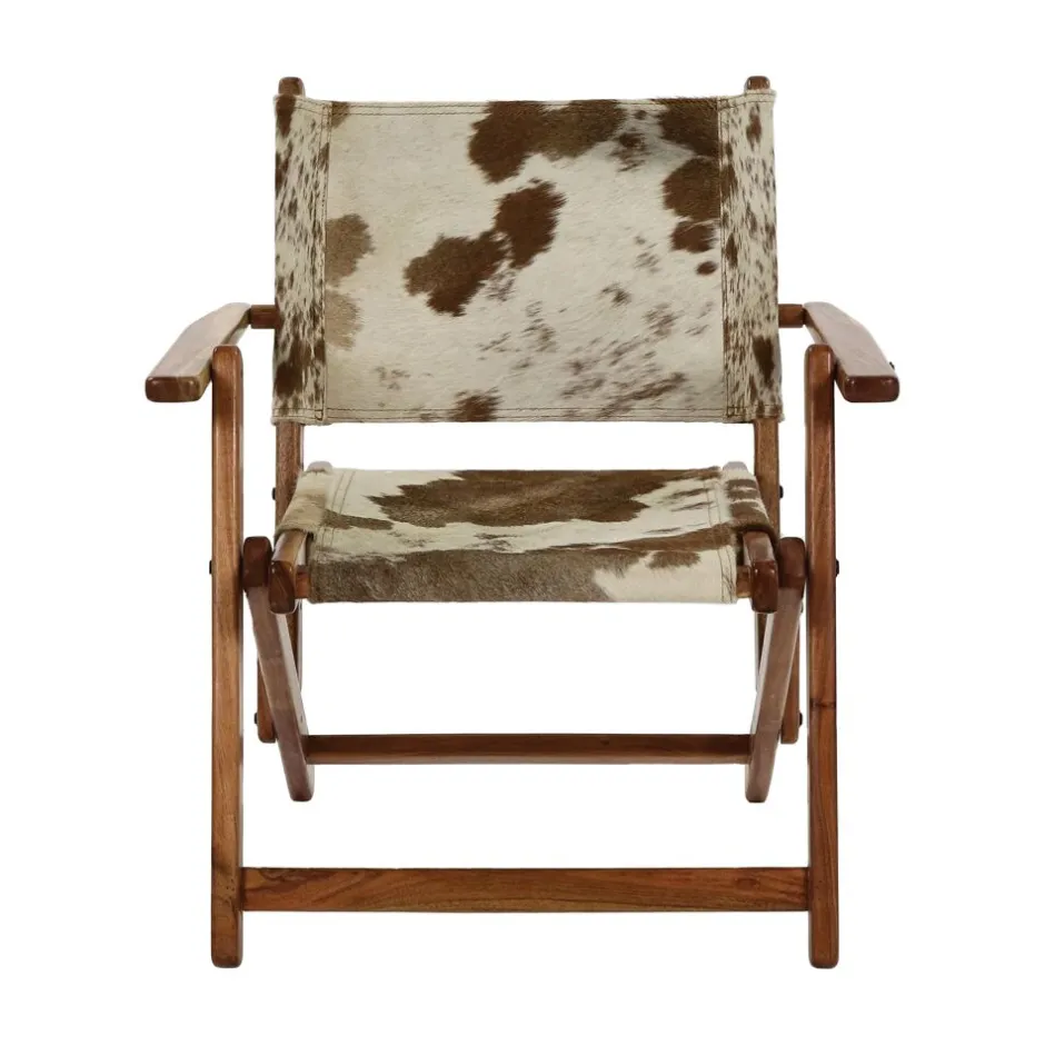 Pomax Canapés-BENISSA - chaise relax - peau de vache / bois d'acacia - L 68 x W 65 x H 77 cm - brun