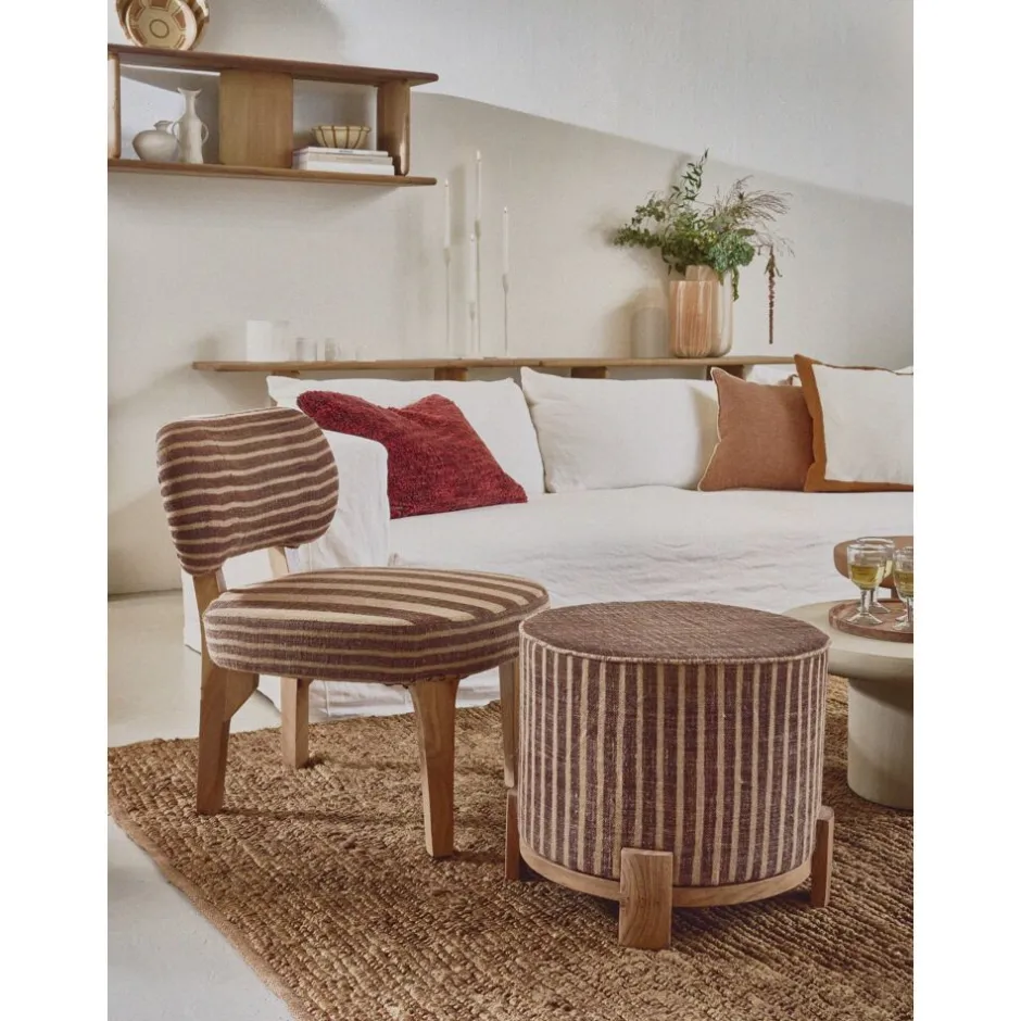 Pomax Poufs-BRINDISI - pouf - bois d'acacia / jute - DIA 52 x H 42 cm - aubergine