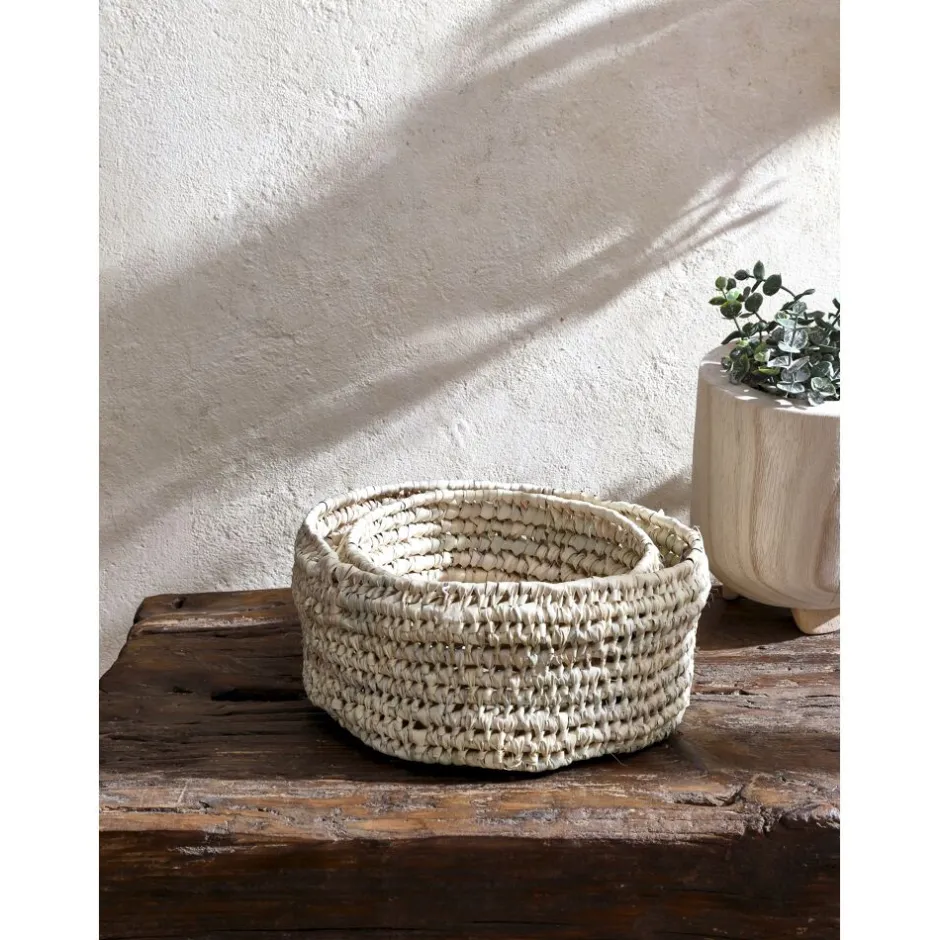 Pomax Bols & Paniers-CAMPO - set/3 paniers - palmier / canne - DIA 20/25/32 x H 13 cm - naturel