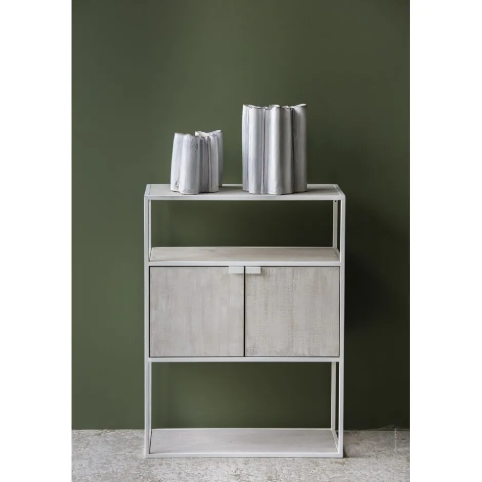 Pomax Étagères-ESZENTIAL - rack 2 portes - métal / bois de sapin - L 60 x W 30 x H 80 cm - naturel/blanc