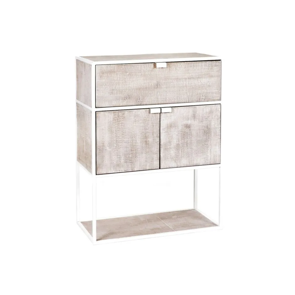 Pomax Étagères-ESZENTIAL - rack 2 portes 1 tiroir - métal / bois de sapin - L 60 x W 30 x H 80 cm - naturel/blanc