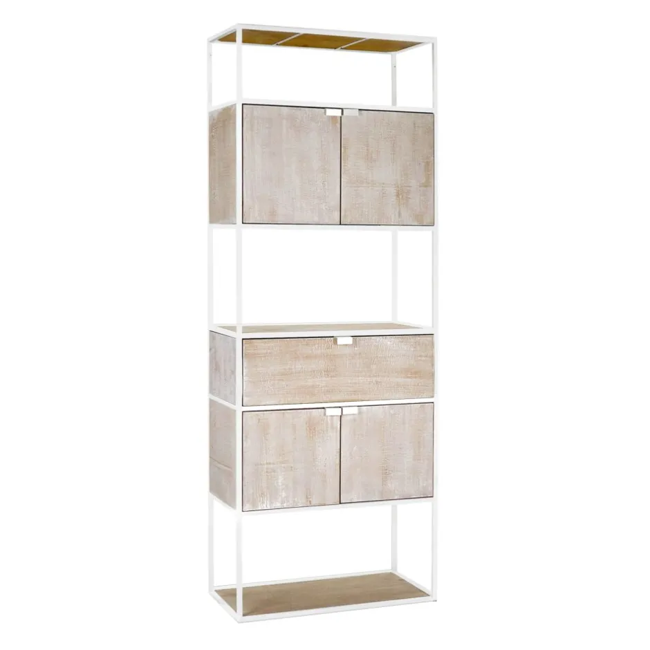 Pomax Étagères-ESZENTIAL - rack 4 portes 1 tiroir - métal / bois de sapin - L 60 x W 30 x H 165 cm - naturel/blanc