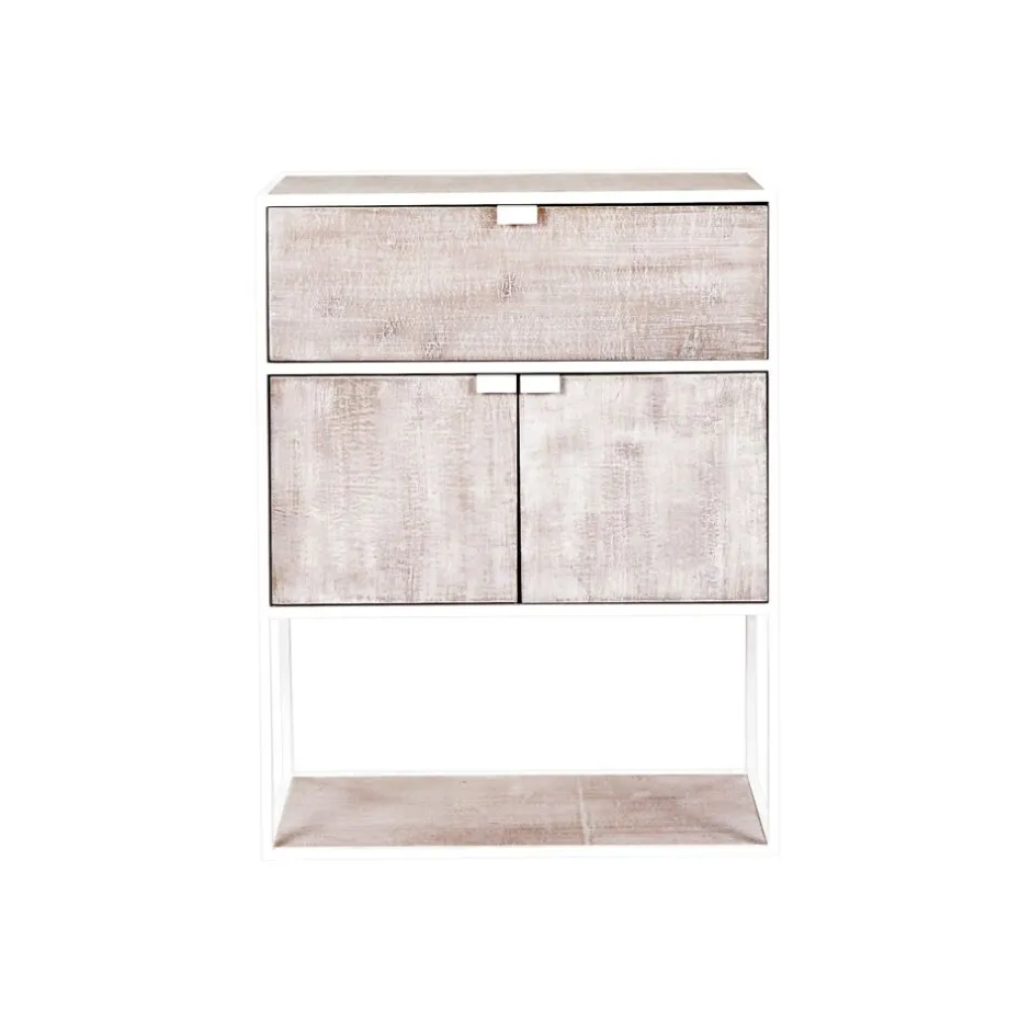 Pomax Étagères-ESZENTIAL - rack 2 portes 1 tiroir - métal / bois de sapin - L 60 x W 30 x H 80 cm - naturel/blanc