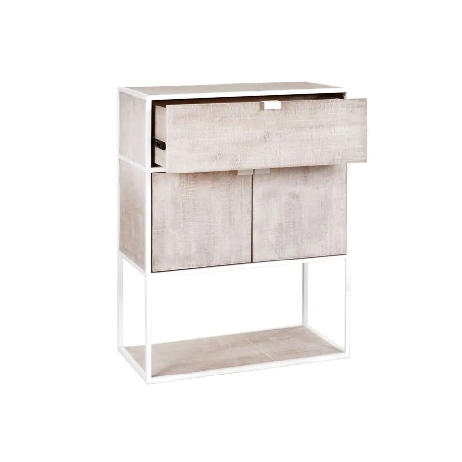 Pomax Étagères-ESZENTIAL - rack 2 portes 1 tiroir - métal / bois de sapin - L 60 x W 30 x H 80 cm - naturel/blanc