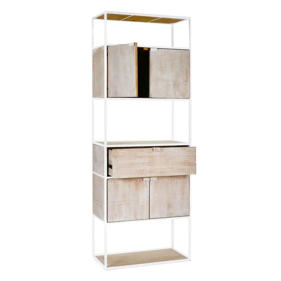 Pomax Étagères-ESZENTIAL - rack 4 portes 1 tiroir - métal / bois de sapin - L 60 x W 30 x H 165 cm - naturel/blanc