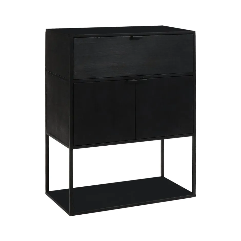 Pomax Étagères-ESZENTIAL - rack 2 portes 1 tiroir - métal / bois de sapin - L 60 x W 30 x H 80 cm - noir