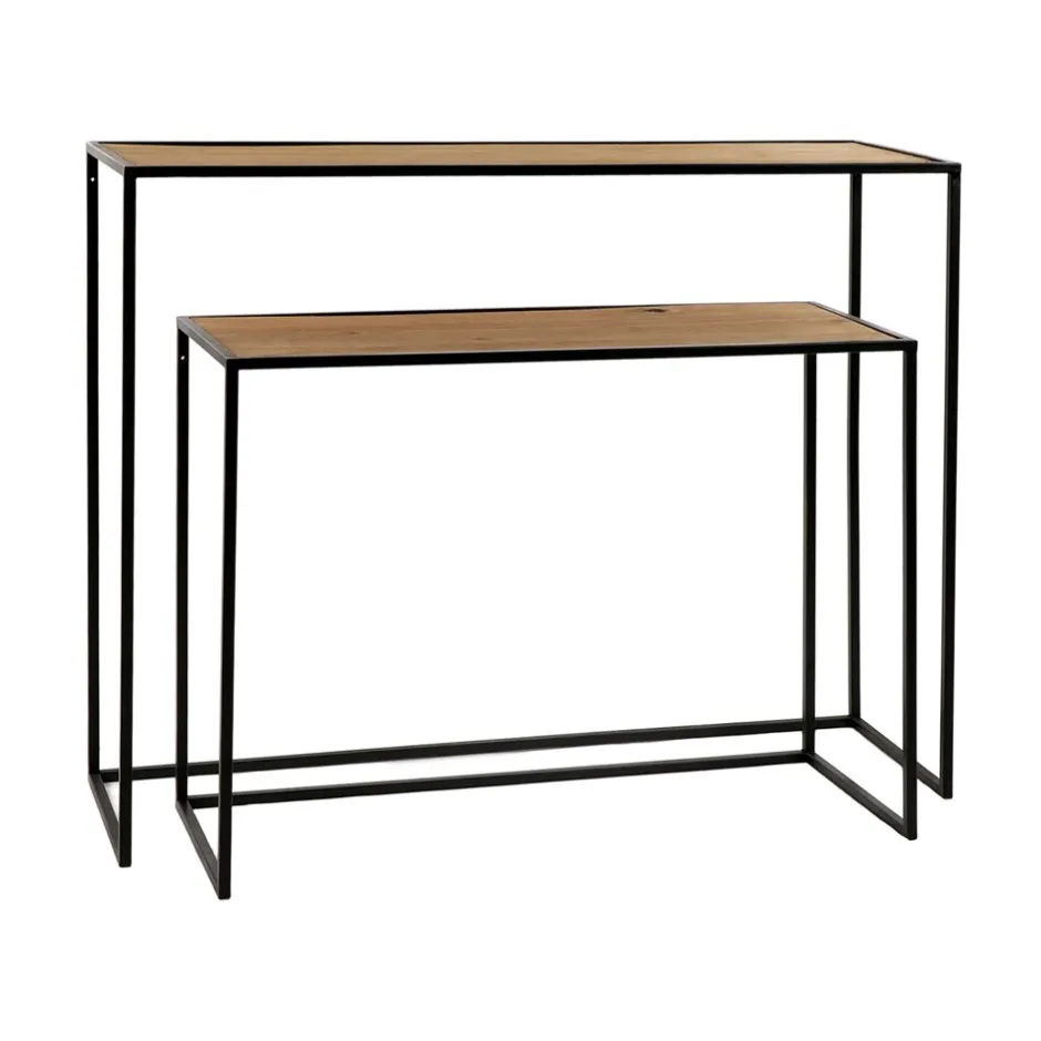 Pomax Consoles-ESZENTIAL - set/2 consoles - bois - métal - L 80/100 x W 30/30 x H 60/80 cm - naturel/noir