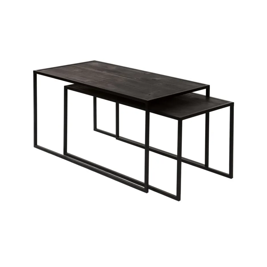 Pomax Tables Basses | Tables-ESZENTIAL - set/2 tables basses - métal / bois de sapin - L 80/75 x W 40/35 x H 40/35 cm - noir