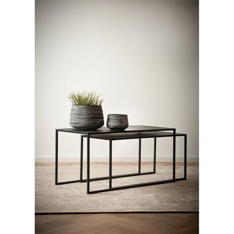Pomax Tables Basses | Tables-ESZENTIAL - set/2 tables basses - métal / bois de sapin - L 80/75 x W 40/35 x H 40/35 cm - noir