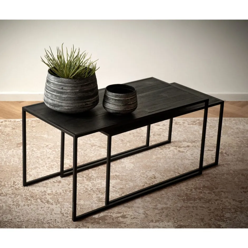Pomax Tables Basses | Tables-ESZENTIAL - set/2 tables basses - métal / bois de sapin - L 80/75 x W 40/35 x H 40/35 cm - noir