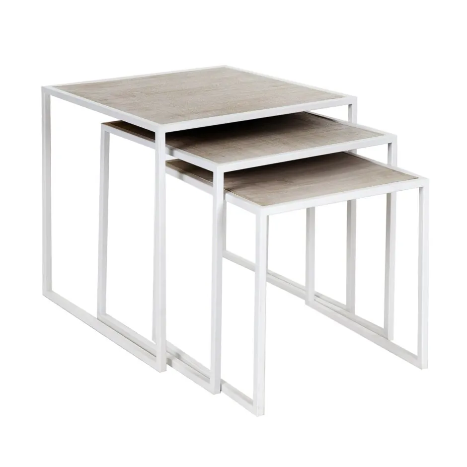 Pomax Tables Basses | Tables-ESZENTIAL - set/3 tables d'appoint - métal / bois de sapin - L 45/40/35 x W 45/40/35 x H 45/40/35 cm - naturel/blanc