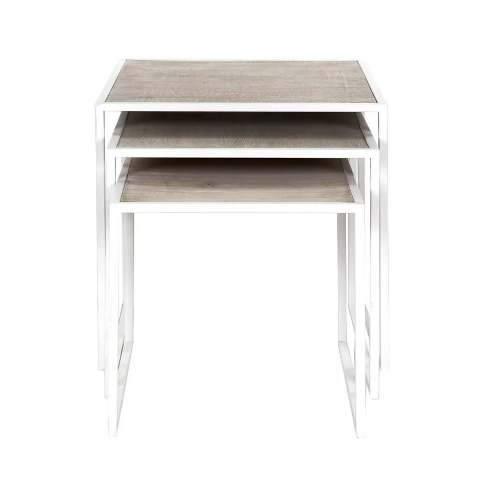 Pomax Tables Basses | Tables-ESZENTIAL - set/3 tables d'appoint - métal / bois de sapin - L 45/40/35 x W 45/40/35 x H 45/40/35 cm - naturel/blanc