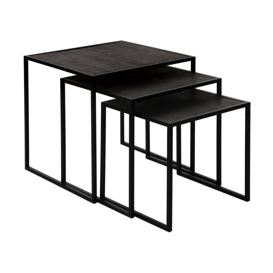 Pomax Tables Basses | Tables-ESZENTIAL - set/3 tables d'appoint - métal / bois de sapin - L 45/40/35 x W 45/40/35 x H 45/40/35 cm - noir