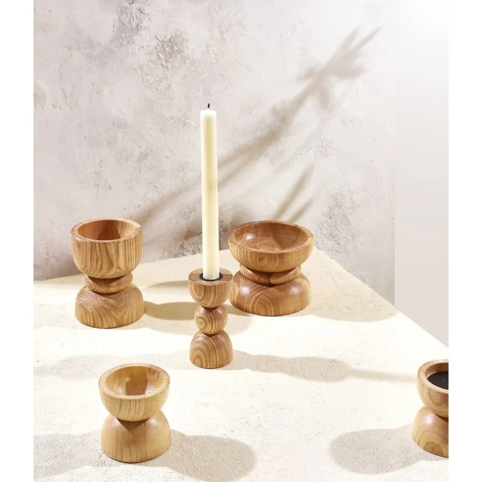 Pomax Chandeliers-FLORENCE - bougeoir - bois de frêne / fer - DIA 13 x H 10 cm - naturel