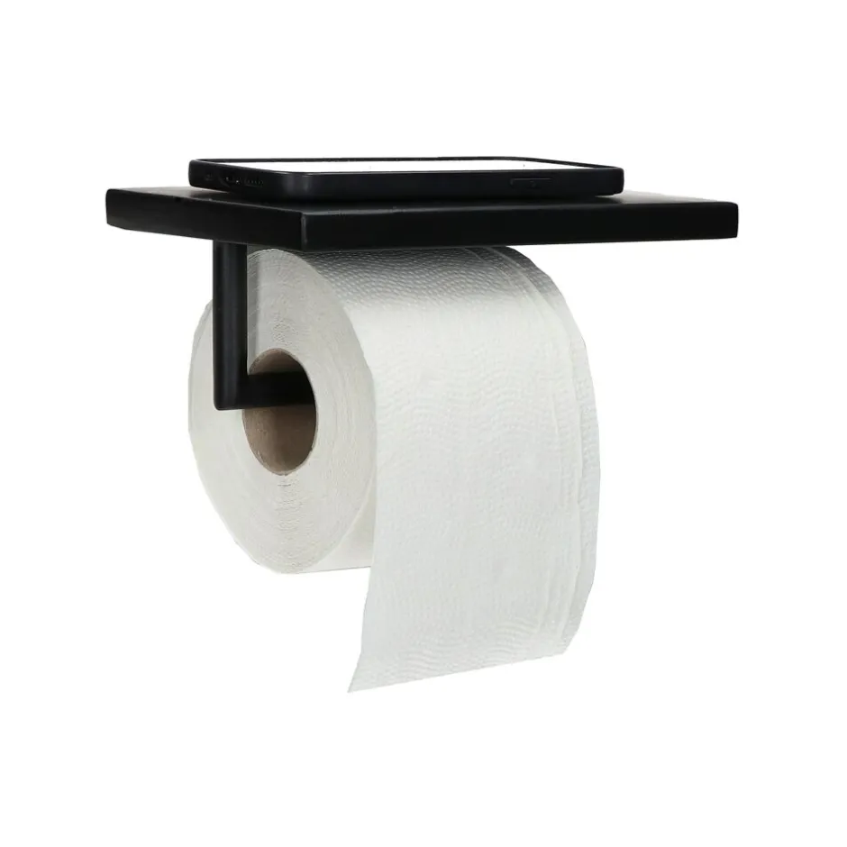 Pomax Crochets Et Porte-manteaux-FRITZ - porte-rouleau de papier toilette avec étagère - métal - L 20 x W 12 x H 8 cm - noir