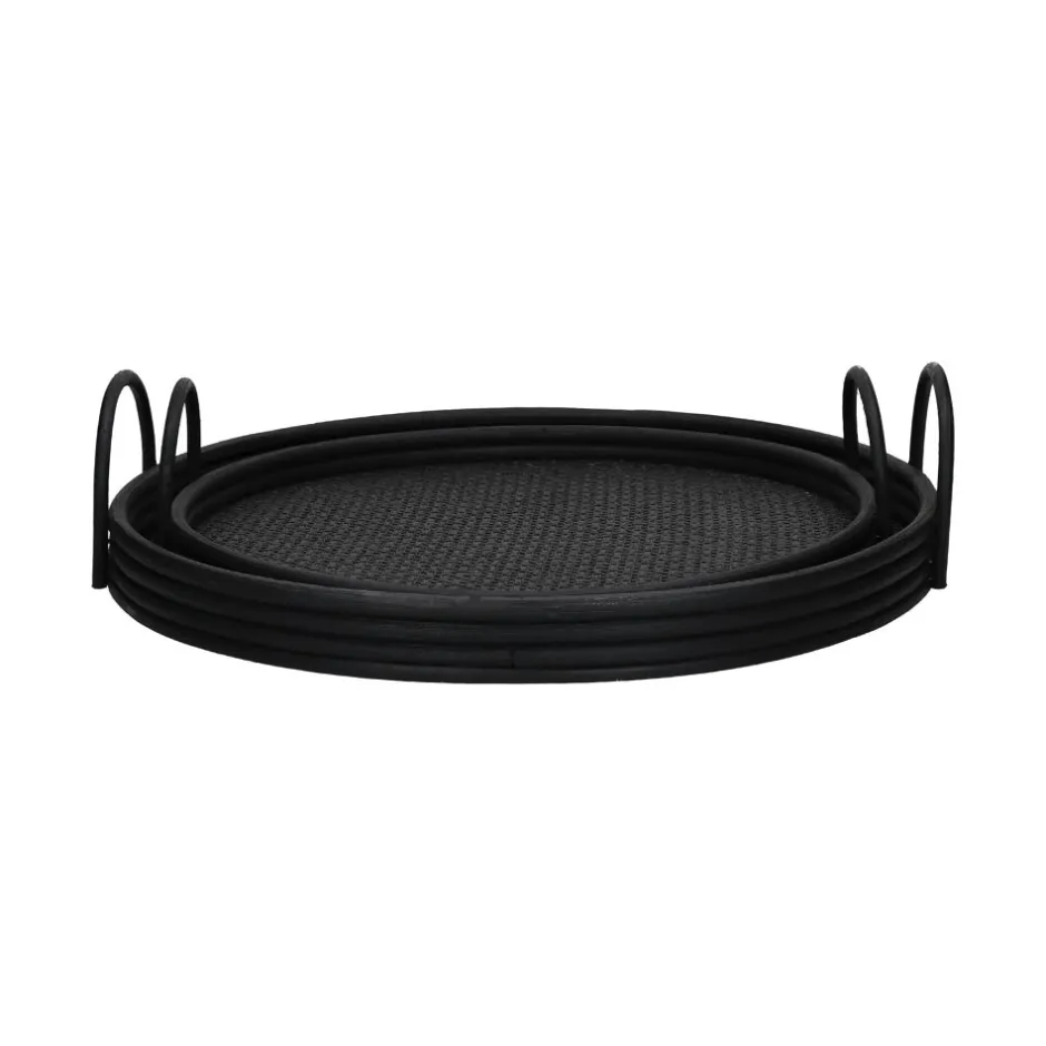 Pomax Plateaux-HAMADAS - set/2 plateaux - rotin / papier - DIA 39/45 x H 2,7/3,5 cm - noir