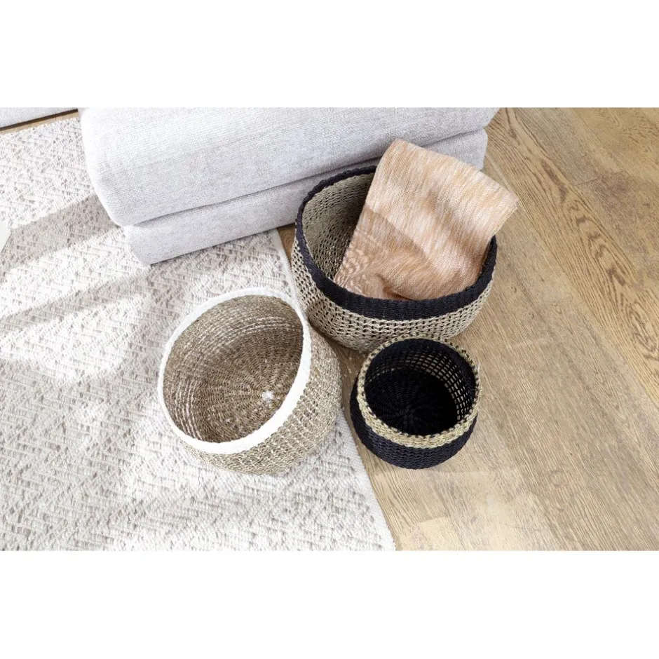 Pomax Bols & Paniers-INEZ - set/4 paniers - papier / jonc de mer - DIA 17/23/32/42 x H 14/19/24/27 cm - noir/blanc