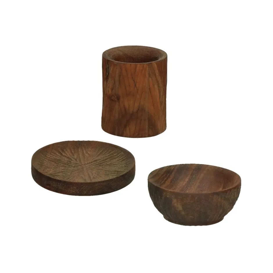 Pomax Accessoires-KERF - set/3 coquetier & sous-assiette & bol d'épices mini - bois d'acacia - - DIA 5/9/5,5 x H 6/0,7/2,5 cm - rouille