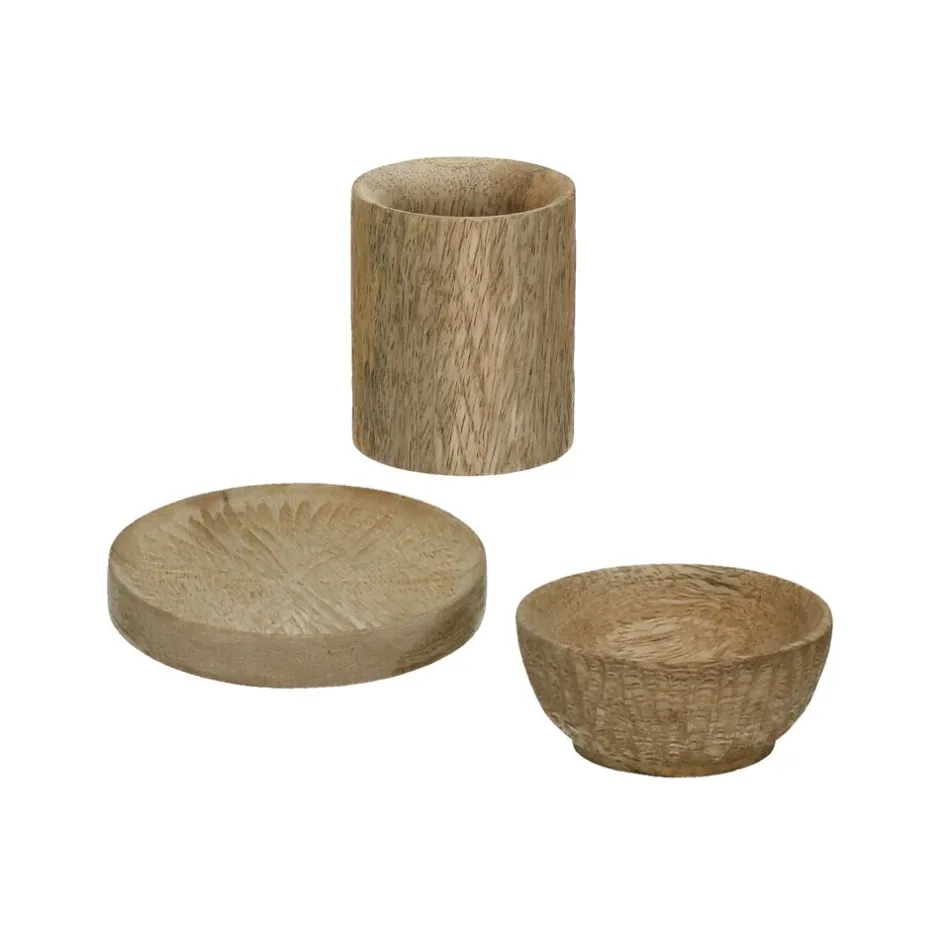 Pomax Accessoires-KERF - set/3 coquetier & sous-assiette & bol d'épices mini - bois de manguier - - DIA 5/9/5,5 x H 6/0,7/2,5 cm - naturel