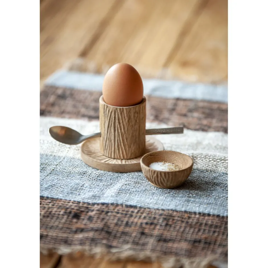 Pomax Accessoires-KERF - set/3 coquetier & sous-assiette & bol d'épices mini - bois de manguier - - DIA 5/9/5,5 x H 6/0,7/2,5 cm - naturel