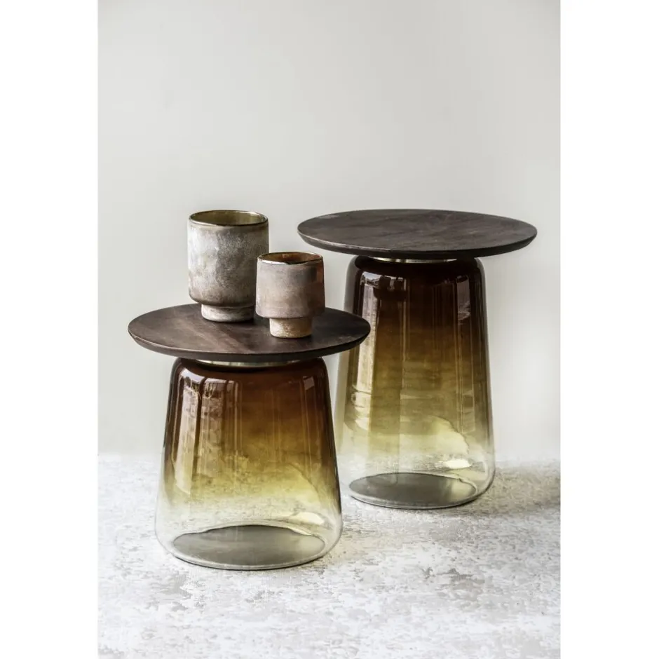 Pomax Tables Basses | Tables-MONROE - table d'appoint - verre / bois de manguier - DIA 48 x H 55 cm - ambre