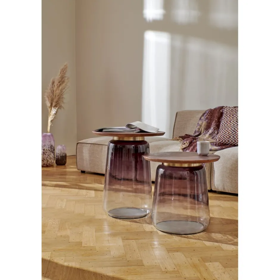 Pomax Tables Basses | Tables-MONROE - table d'appoint - verre / bois de manguier - DIA 48 x H 55 cm - aubergine