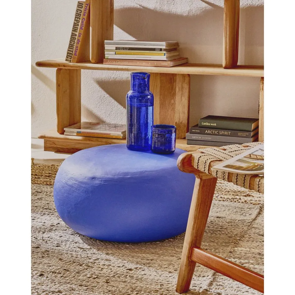 Pomax Poufs-PRETORIA - pouf/table d'appoint - enduit à la chaux - DIA 50 x H 25 cm - bleu