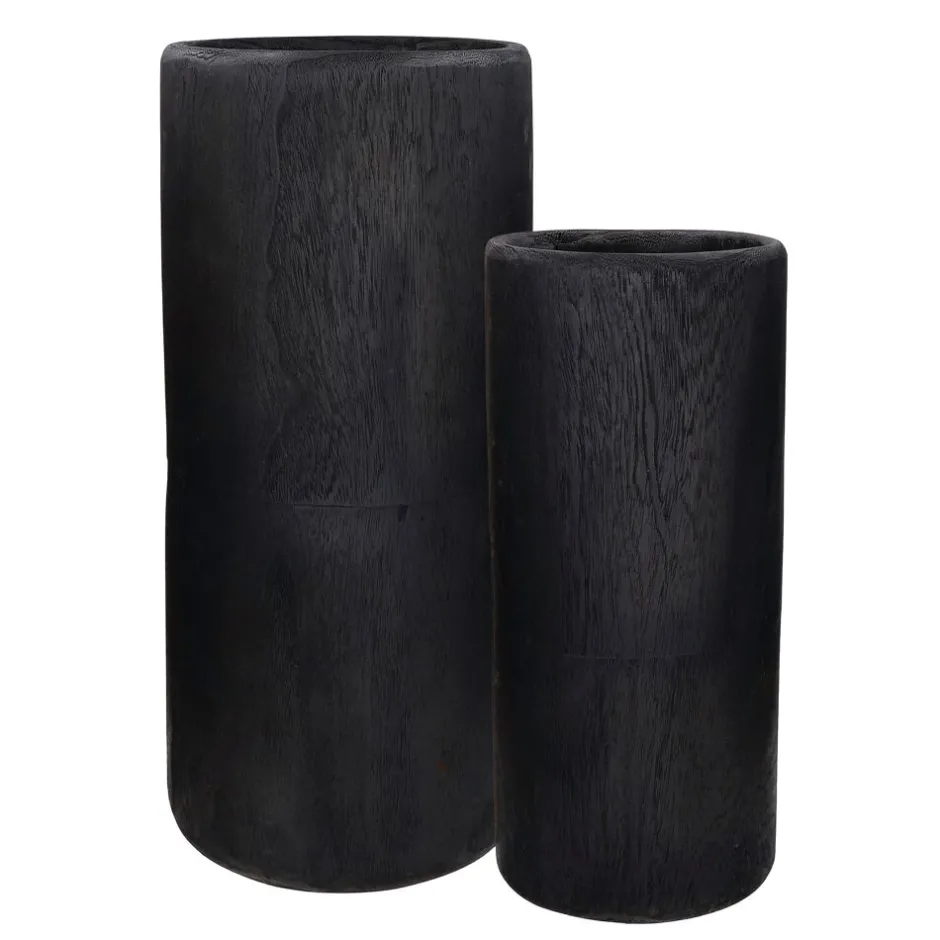 Pomax Cache-pots-PURE - set/2 vases - bois de paulownia - DIA 22/28 x H 50/65 cm - noir