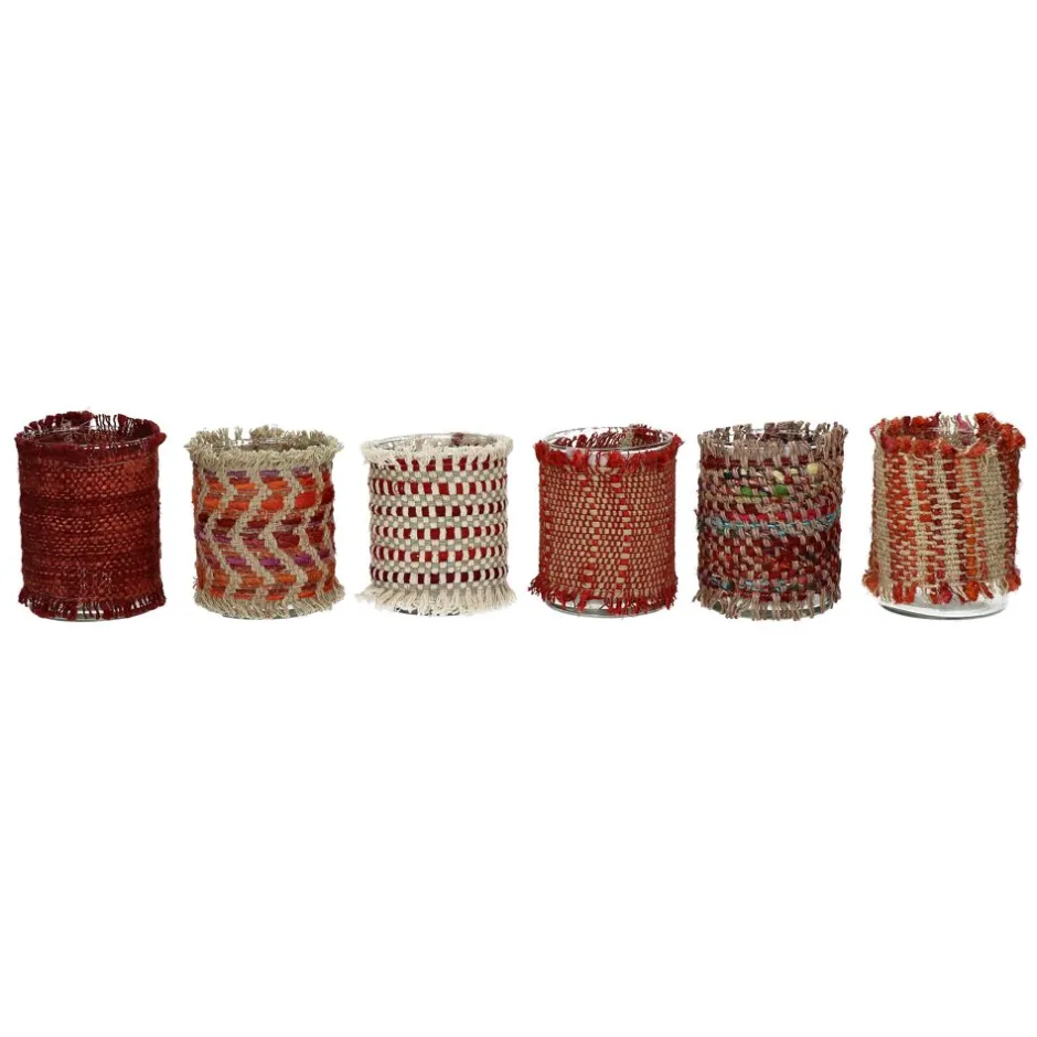 Pomax Photophores / T-lights-ÔRAY - photophore - verre / tissues recyclées - DIA 7,7 x H 10 cm - mix de rouges