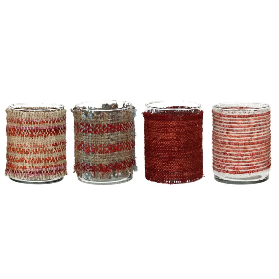 Pomax Photophores / T-lights-ÔRAY - photophore - verre / tissues recyclées - DIA 10 x H 13,5 cm - mix de rouges