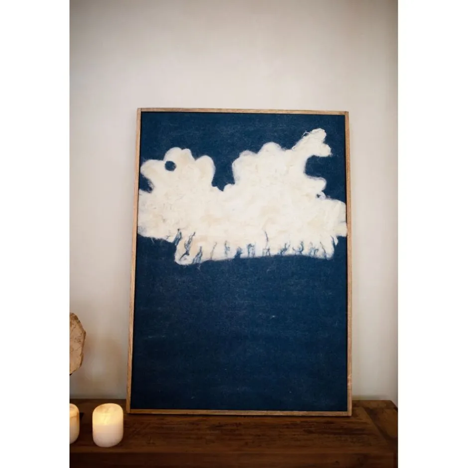 Pomax Tableau / Déco Murale-WOOLY - toile avec cadre - bois de mangier / laine - L 76 x W 6,5 x H 107 cm - bleu
