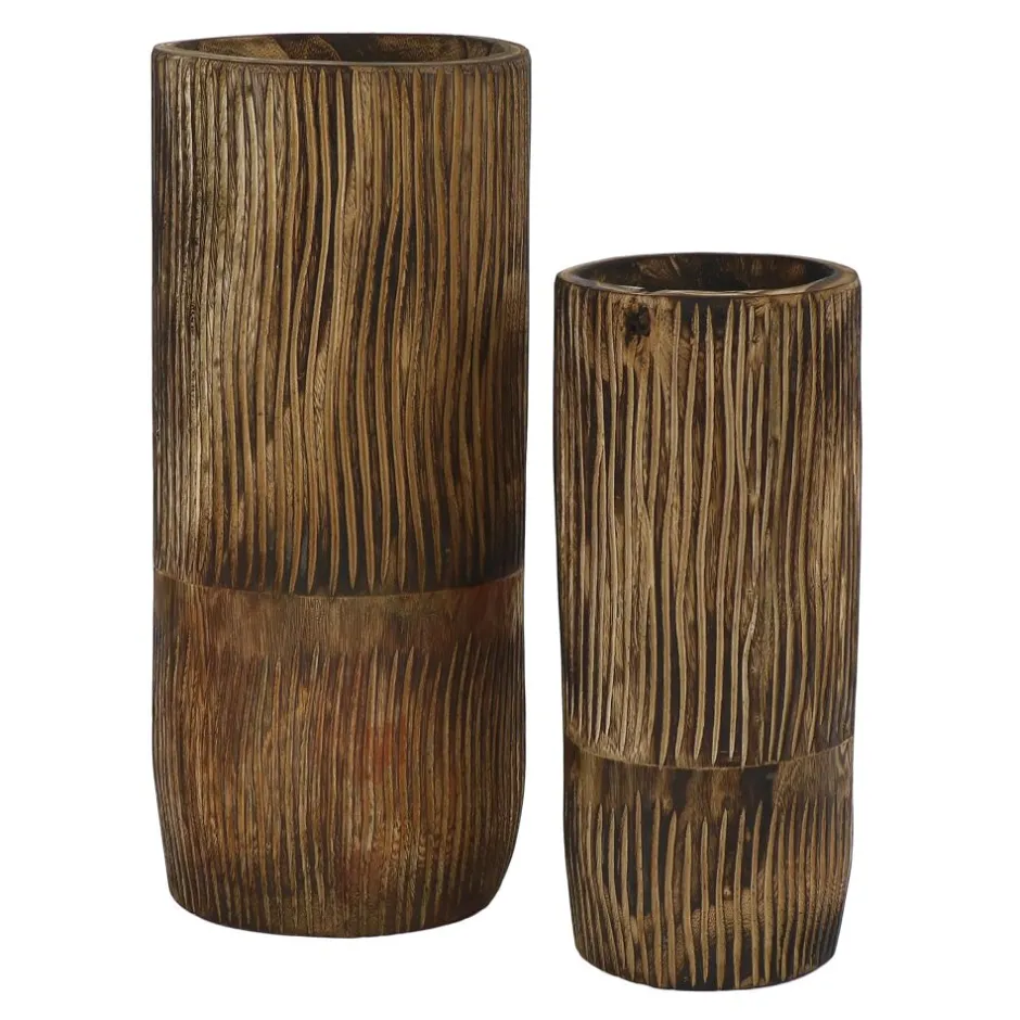 Pomax Vases-ZEBRA - set/2 vases - bois de paulownia - DIA 22/28 x H 50/65 cm - naturel